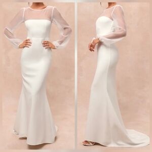 Lulus Immaculate Romance White Sheer Organza Long Sleeve Maxi Wedding Gown Large